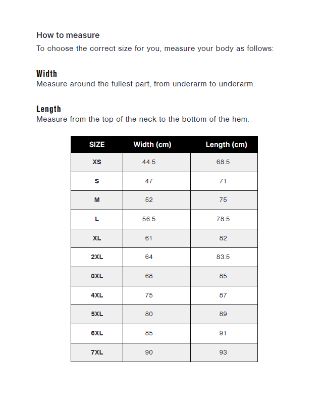 HOTMK Designs 180gsm Custom Shirt size chart