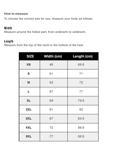 M10 Hoodie size Chart Custom Printing